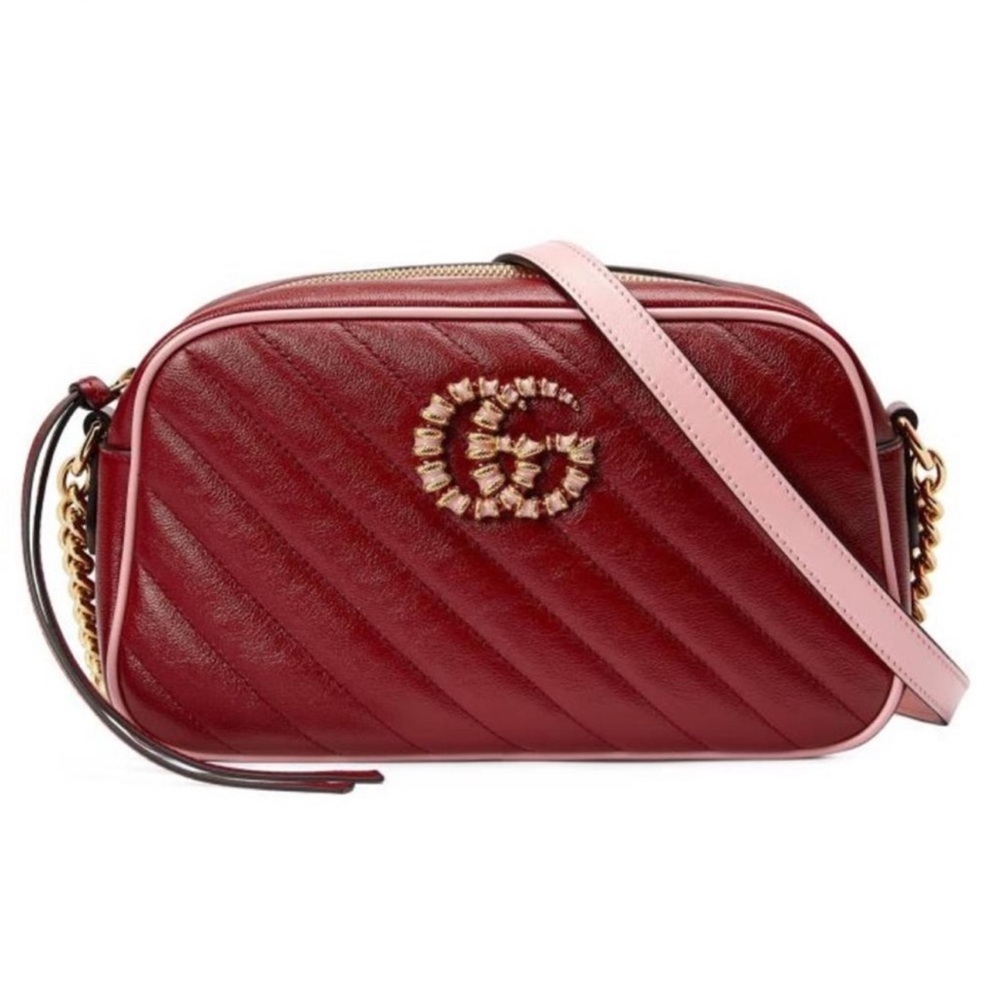 Gucci Azalea Calfskin diagonal small GG Marmont chain bag, cherry Wild Rose